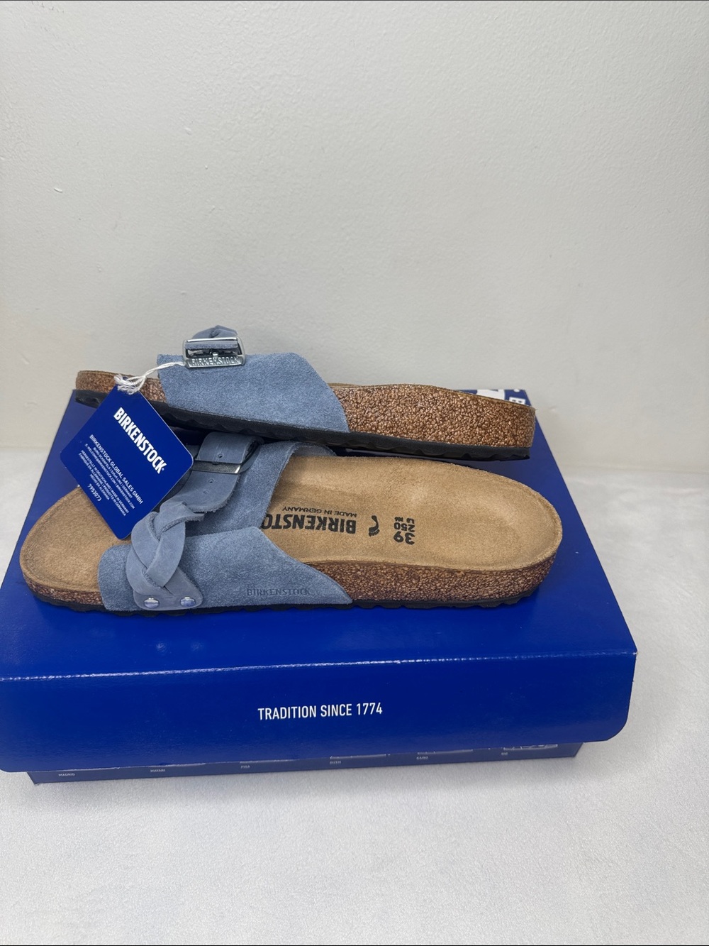 Birkenstock Women’s Light Blue Suede Braided Strap Cork Sandals